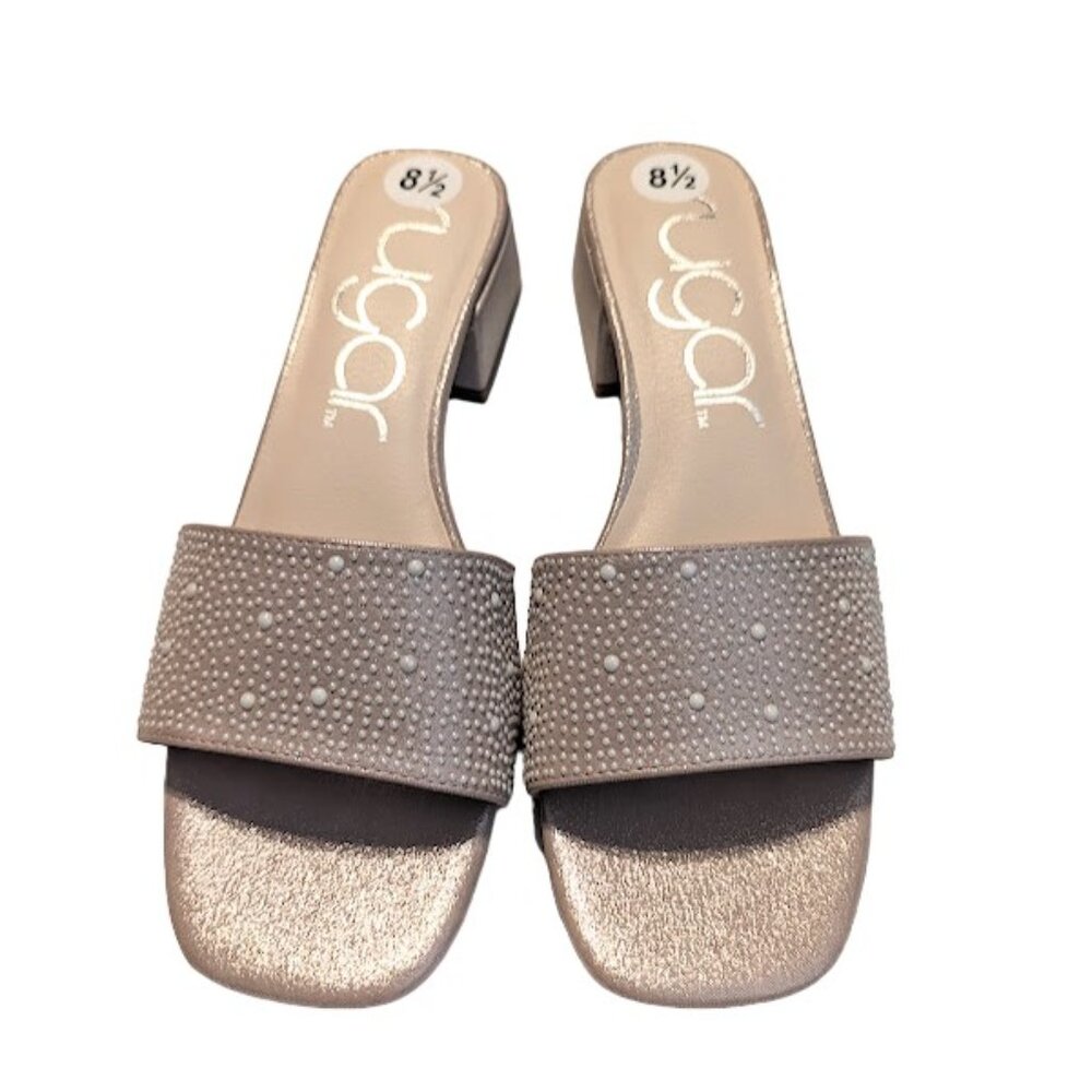 Sugar Union Womens Nude Shimmer Block Heel Beaded Detail Sandals Size 8.5 NWOB